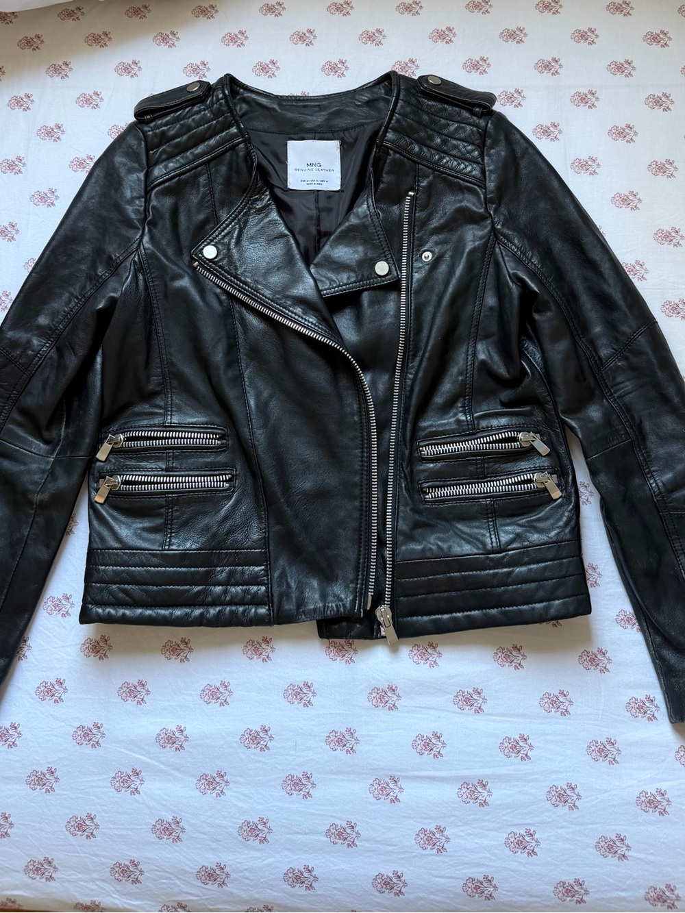 Mango Black Quilted Leather Biker Jacket with Zip Pockets